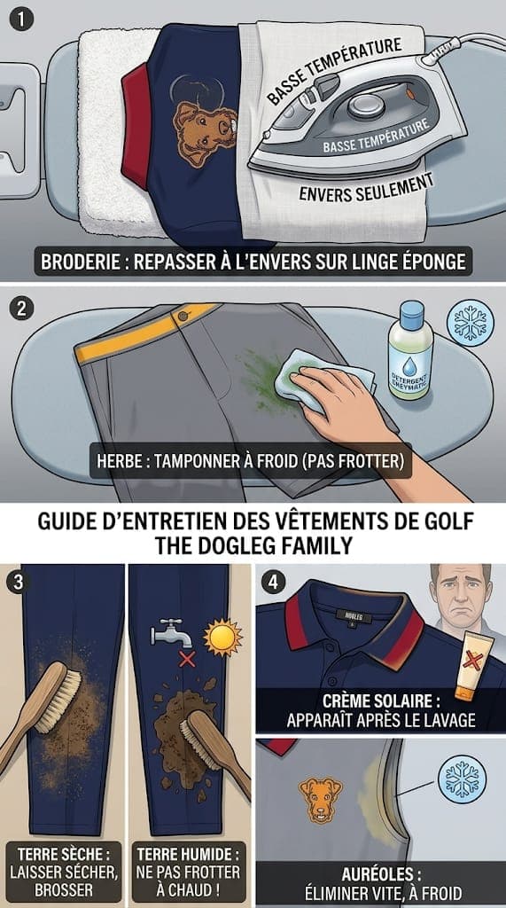 Dogleg care infographic: iron embroidery inside out on a towel, blot grass stains cold without rubbing, let mud dry before brushing it off, treat sunscreen marks cold