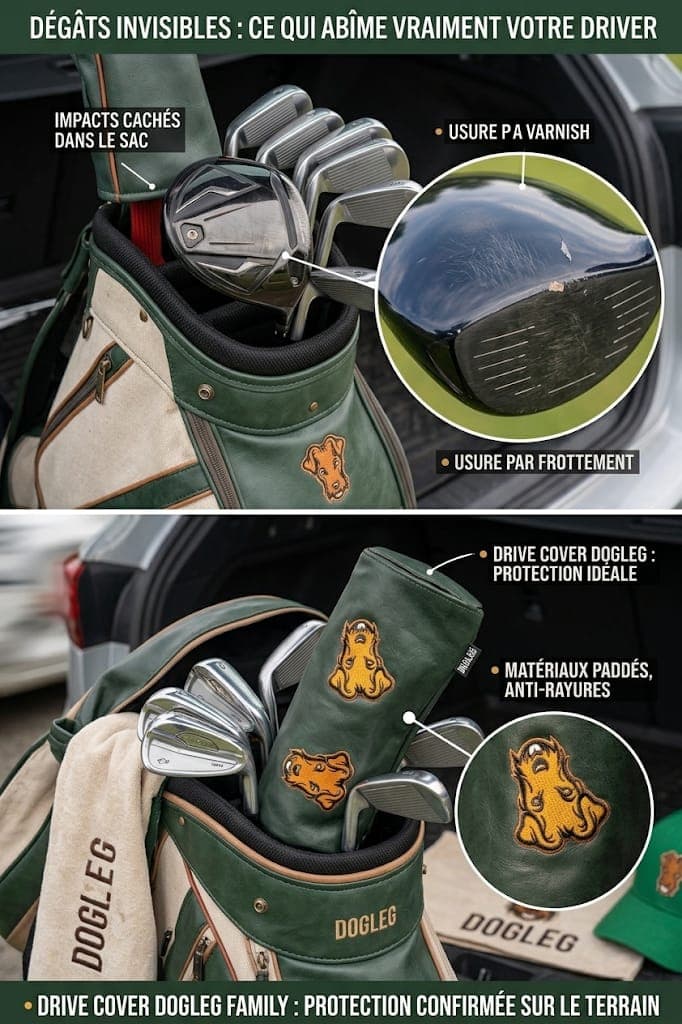 Infographic: the invisible damage a driver takes inside the bag — impact marks and varnish wear on the crown — and the Dogleg Drive cover, a padded scratch-proof headcover in place