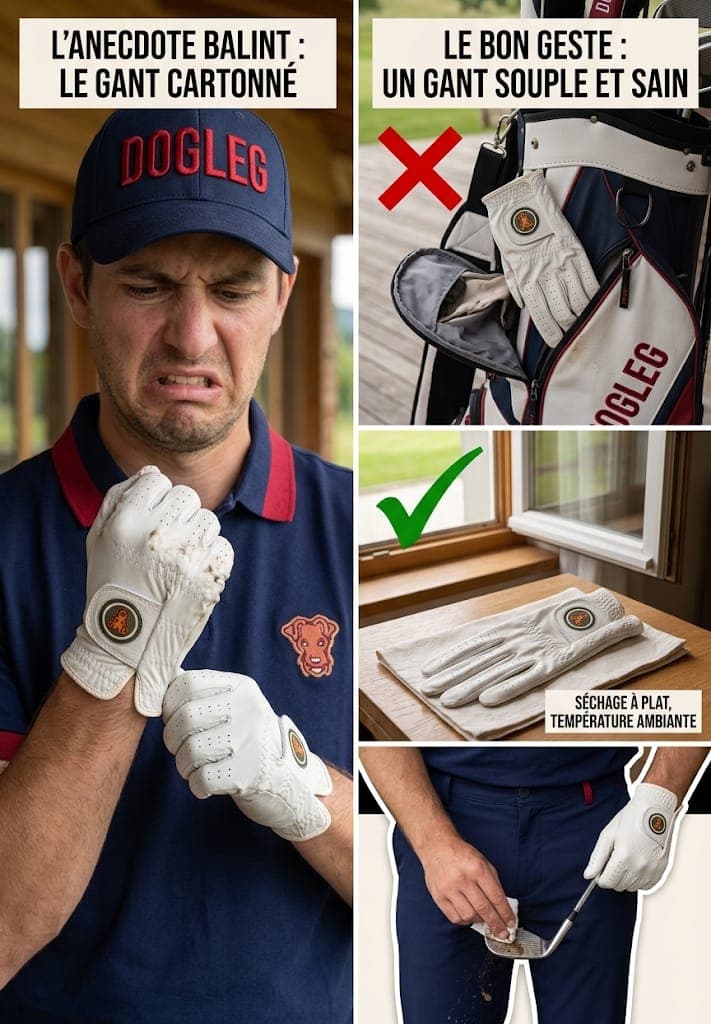 Infographic: on the left a glove gone stiff and cardboard-like from drying rolled up in the bag, on the right a supple glove dried flat at room temperature