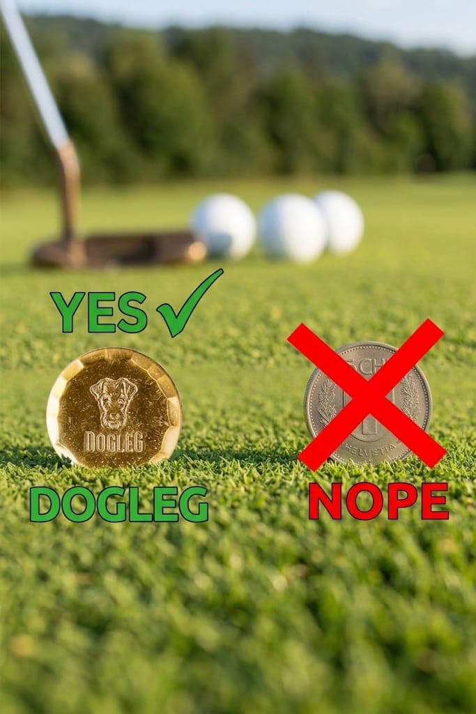 Infographic: the Dogleg ball marker, flat and stable on the green, set against a coin crossed out