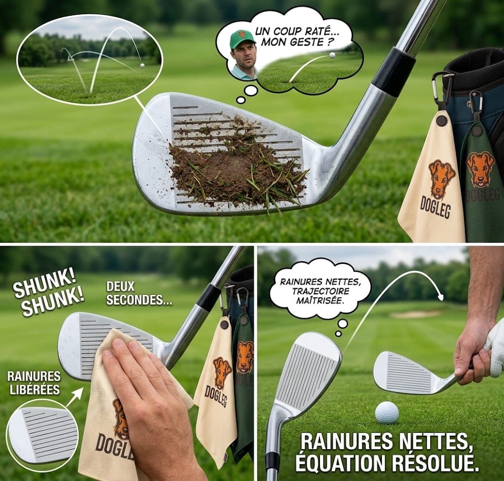 Infographic: an iron face packed with soil after a poor shot, then cleaned in two seconds with the Dogleg towel — grooves cleared, ball flight recovered