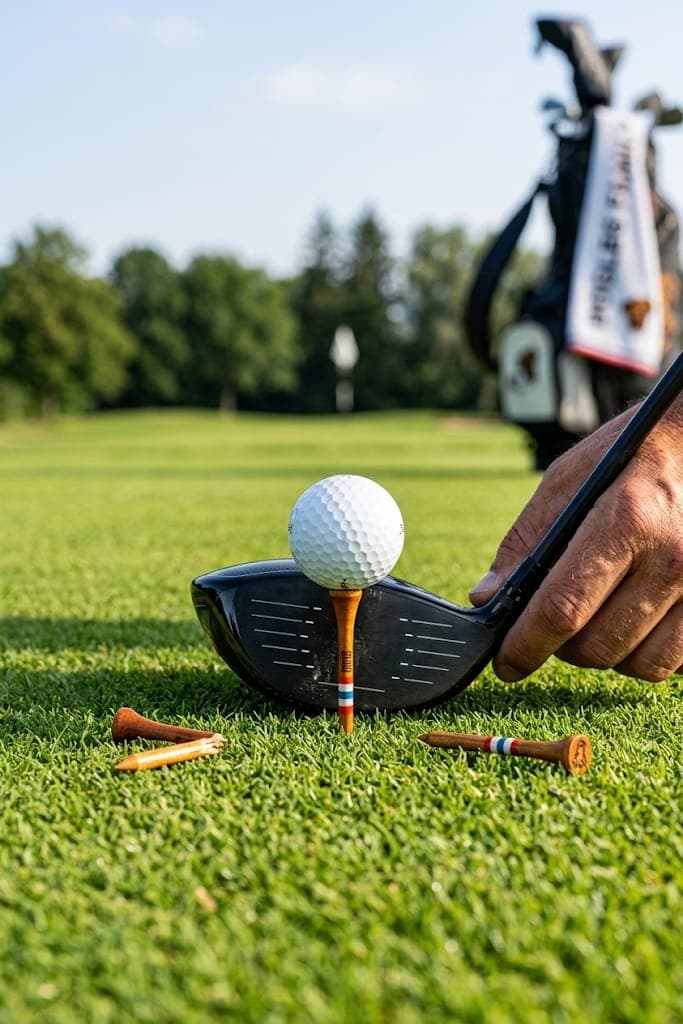 Ball sitting on a Dogleg tee in front of a driver face, with more tees lying in the grass